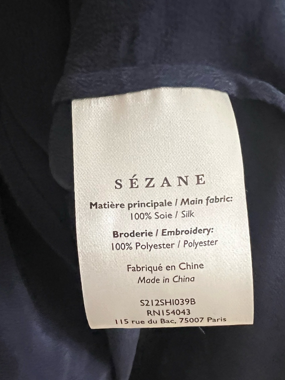 Sezane Chloe Navy Ruffle-Trim Long Sleeve Silk Blouse Size 32 - Picture 4 of 4
